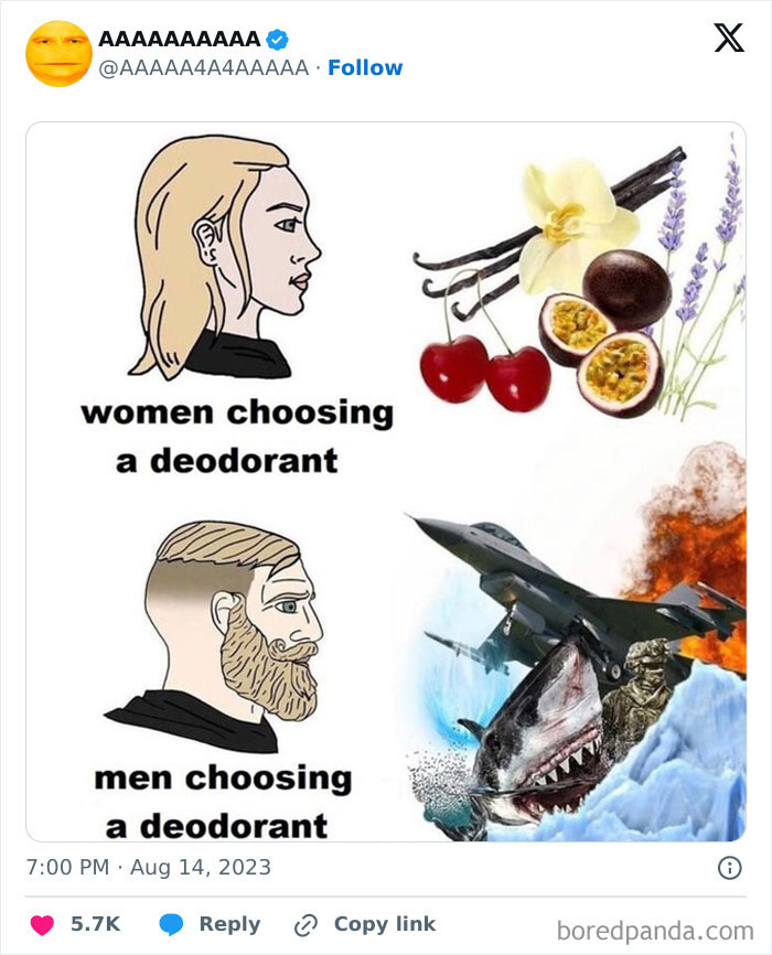 Cursed meme comparing women's and men's deodorant choices with humorous imagery.