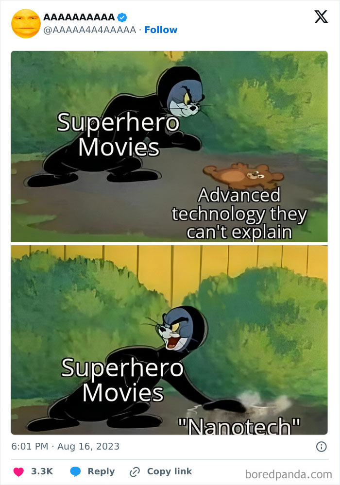 Cartoon meme showing a superhero movie character using "nanotech" to resolve unexplainable advanced technology issues.