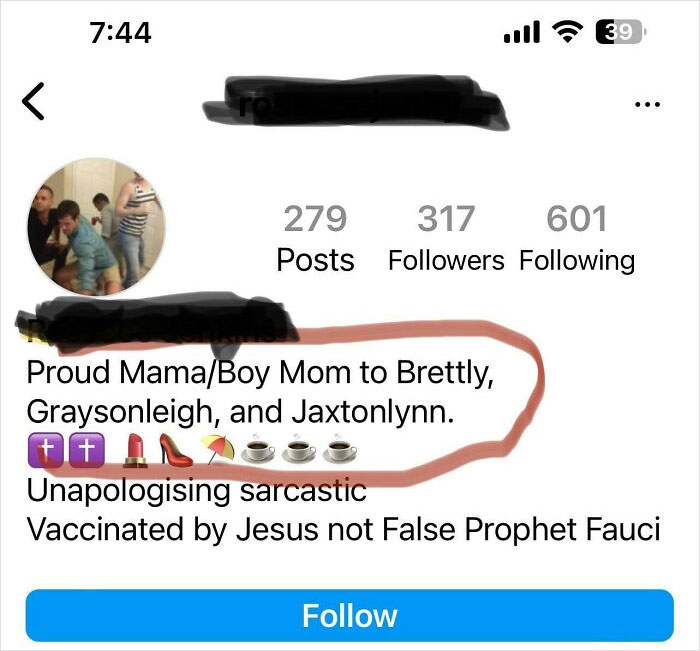 Profile bio listing unique names: Brettly, Graysonleigh, Jaxtonlynn, highlighted within an Instagram screenshot.