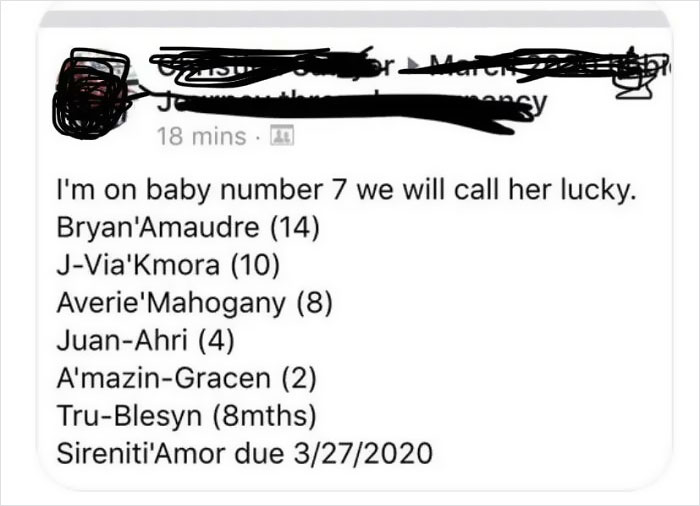 Screenshot of a social media post listing seven unique baby names, as an example of tragedeigh names.