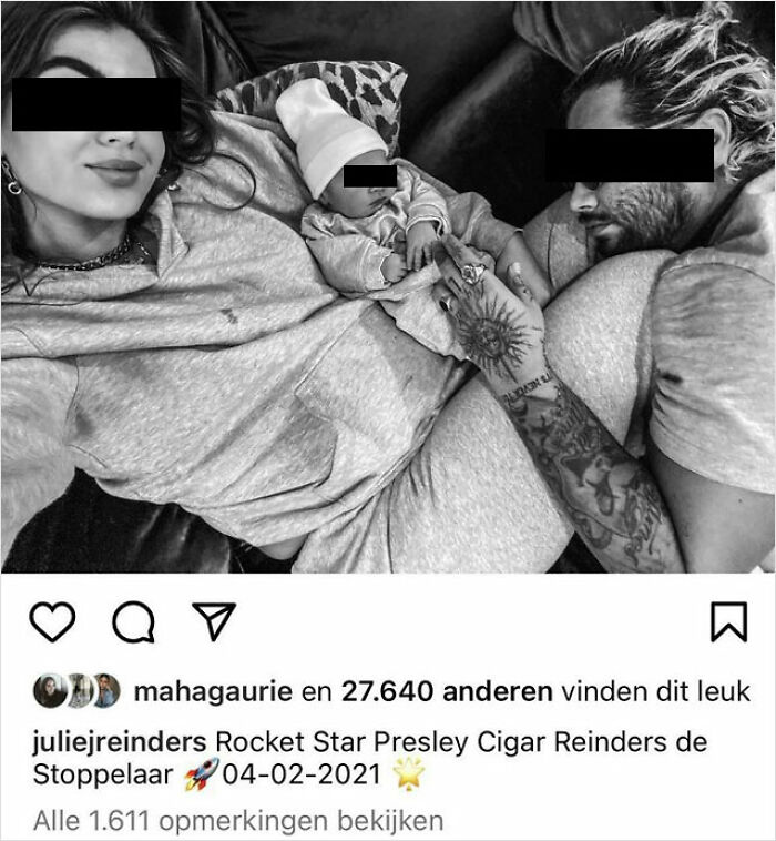 A family with a baby displaying unique name choices in a black and white Instagram post.