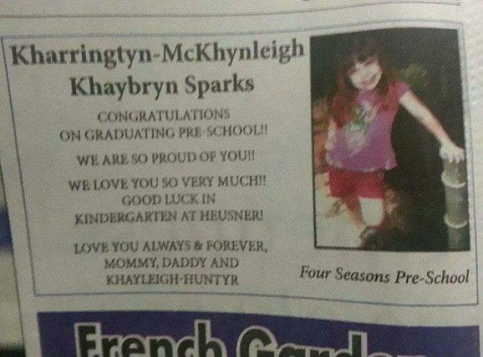 Child Khaybryn Sparks celebrates pre-school graduation with a unique name card from Four Seasons Pre-School.