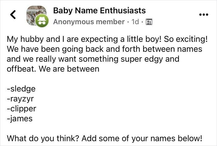 Expecting parents choosing edgy and offbeat baby names like Sledge, Rayzyr, Clipper, and James.