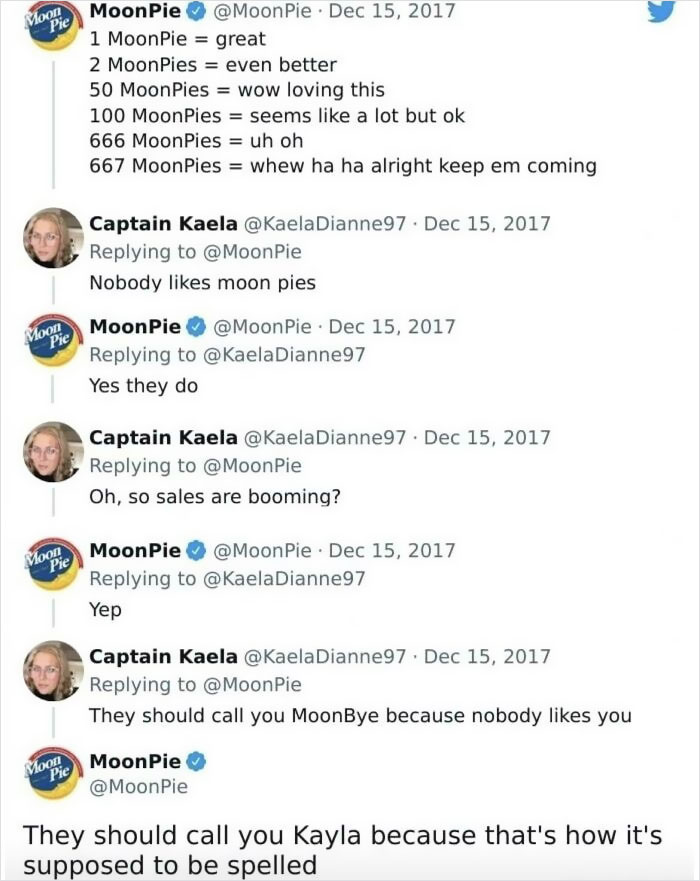 MoonPie Twitter exchange humorously addressing name spelling with user Captain Kaela.