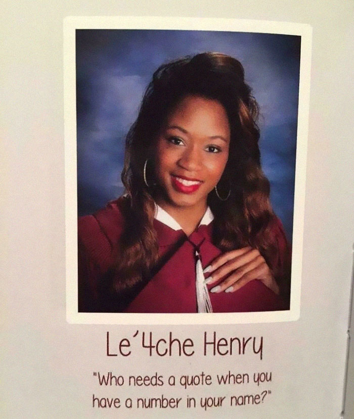 Woman in a graduation outfit with creative name featuring a numeric character, captioned humorously.