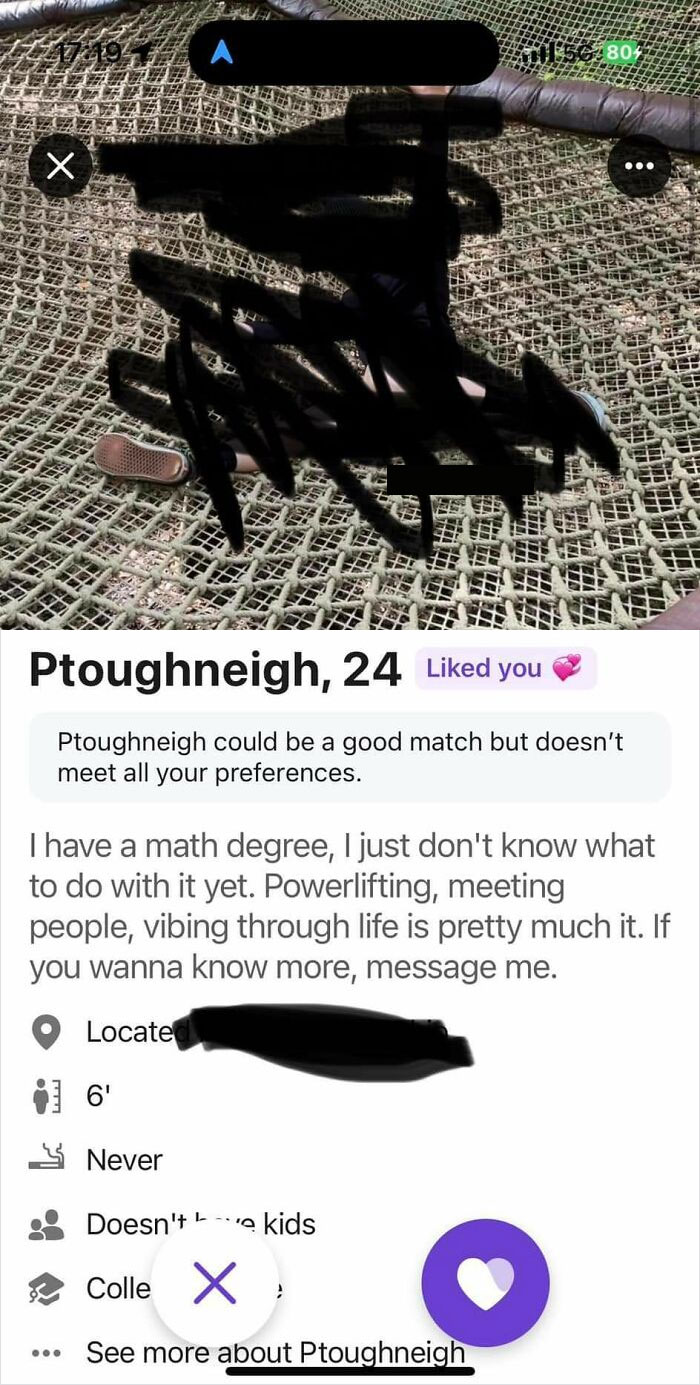 Profile screenshot of Ptoughneigh, showing a unique name choice with a brief self-description and personal details.