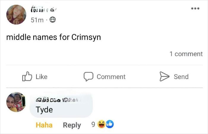 Social media post discussing middle names for Crimsyn, with a comment suggesting Tyde, highlighting bad name choices.