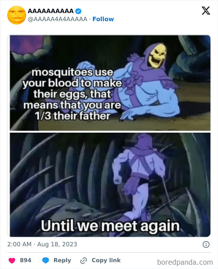 Skeletor meme captioned about mosquitoes using human blood, labeled as one of 50 hilariously cursed memes.