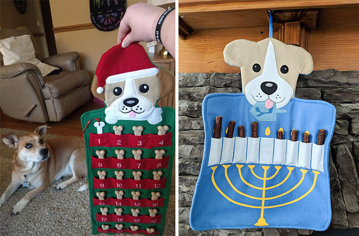 Pet gift stockings shaped like dogs with treats, perfect paw-fect gifts for pets and their obsessed humans.