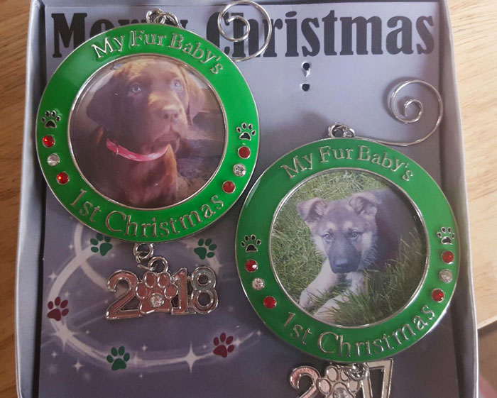 Two green Christmas pet ornaments with dog photos, paw prints, and year charms, perfect gifts for pets and their humans.