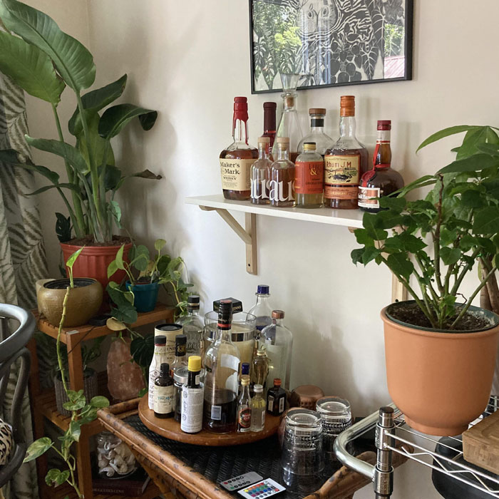 Small home bar with various liquor bottles and lush green plants creating a cozy happy hour space indoors. Small home bar with various liquor bottles and lush green plants creating a cozy happy hour space indoors.
