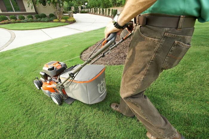 Man mowing lawn to maintain healthy grass, illustrating effective ways to get rid of moles and keep them away permanently.