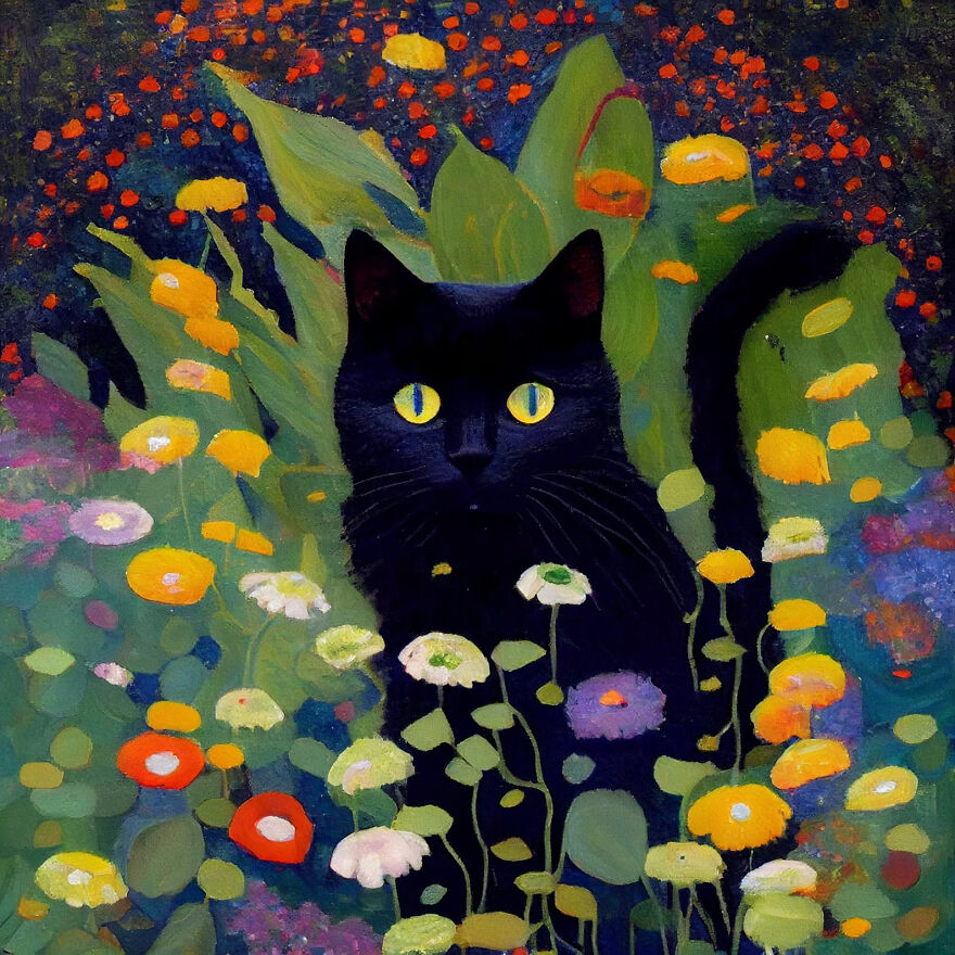 Black Cat Inspired By Gustav Klimt's Flower Garden