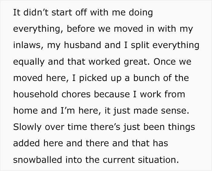 Text excerpt explaining how wife took on household chores after moving in with inlaws, highlighting husband refusal to stand up.