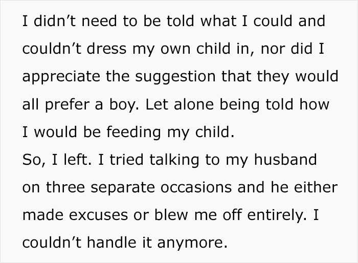 Text excerpt about husband refusing to stand up to parents mistreating wife, causing her to leave.
