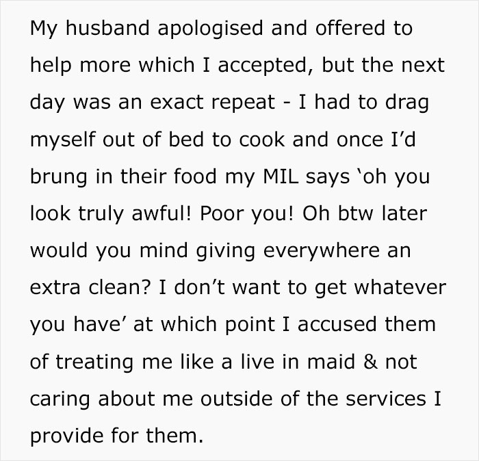 Text excerpt showing a wife describing how her husband refuses to stand up to parents who treat her like a maid.