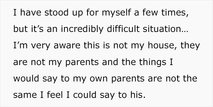 Text about husband refusing to stand up to parents treating wife unfairly and wife deciding to leave the relationship.