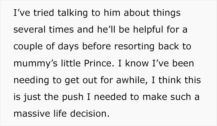 Text excerpt discussing a wife leaving after husband refuses to stand up to parents who treat her like a maid.