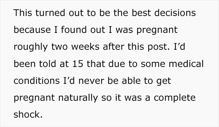 Text excerpt discussing pregnancy surprise after medical conditions, highlighting husband refusing to stand up to parents mistreating wife.