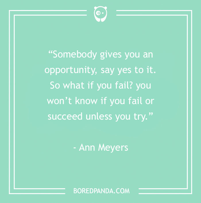 Inspirational sports quote by Ann Meyers on a turquoise background.