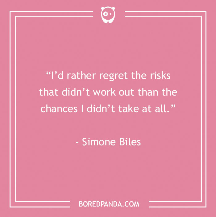 Inspirational sports quote by Simone Biles on pink background.