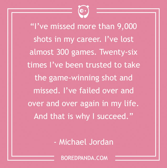 Inspirational sports quote by Michael Jordan about failure and success on a pink background.