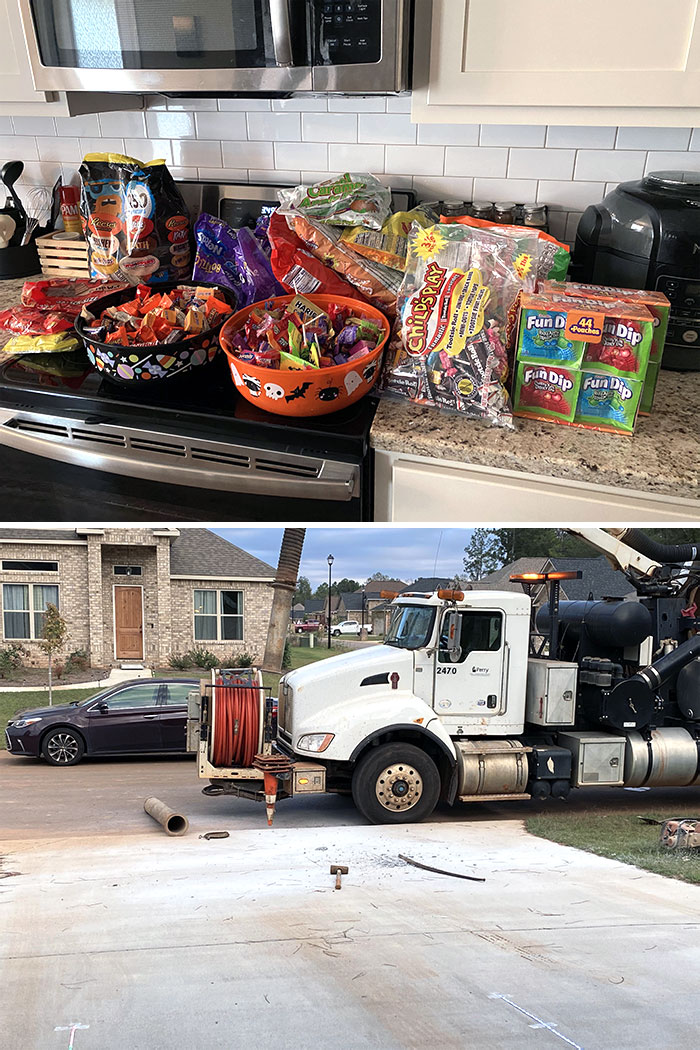 All Set For Halloween. Then A Contractor Breaks A Water Line And Has To Cut A Hole In My Driveway During Trick-Or-Treating Hours