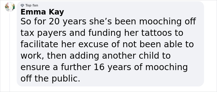 Facebook comment discussing a mom of seven with tattoos and employment issues. Facebook comment discussing a mom of seven with tattoos and employment issues.