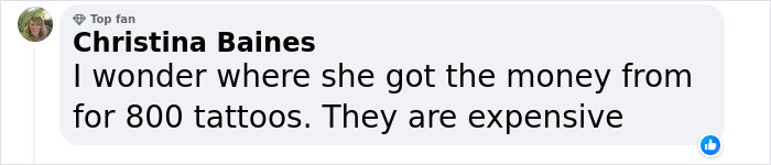 Comment questioning how a mom-of-7 can afford 800 tattoos, noting their expense. Comment questioning how a mom-of-7 can afford 800 tattoos, noting their expense.