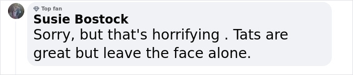 Comment from user expressing dislike for facial tattoos, saying, "Tats are great but leave the face alone. Comment from user expressing dislike for facial tattoos, saying, "Tats are great but leave the face alone.