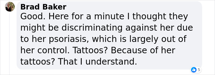 Comment discussing tattoos and employability discrimination, mentioning psoriasis. Comment discussing tattoos and employability discrimination, mentioning psoriasis.