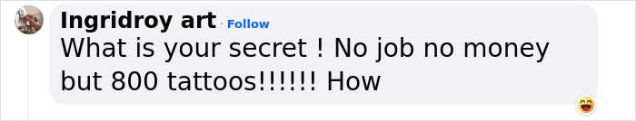 Comment questioning how mom of 7 with 800 tattoos manages without a job or money, expressing surprise and curiosity. Comment questioning how mom of 7 with 800 tattoos manages without a job or money, expressing surprise and curiosity.