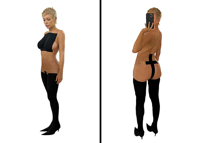 Bianca Censori in a bold outfit styled by a secret team of designers, showcasing a fashion-forward look.