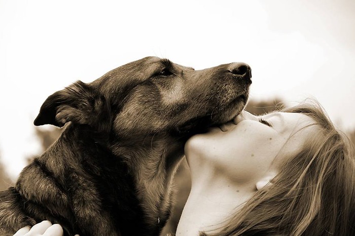 A dog nuzzling a woman's face, showing affection through a gentle kiss outdoors.