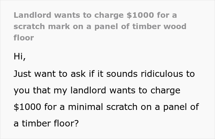 “We Didn’t Agree With Paying $1,000”: Landlord Demands Compensation For A Scratch On The Floor “We Didn’t Agree With Paying $1,000”: Landlord Demands Compensation For A Scratch On The Floor