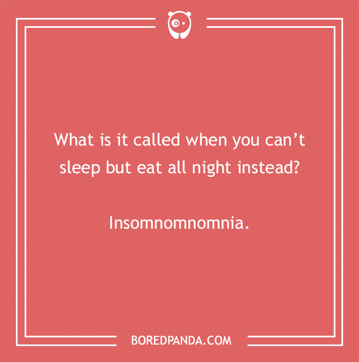 Funny medical pun about insomnia and late-night eating, with the punchline "Insomnomnomnia" on a red background.