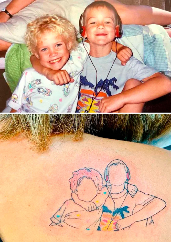 Sibling childhood photo with matching line art tattoo, honoring family memories.
