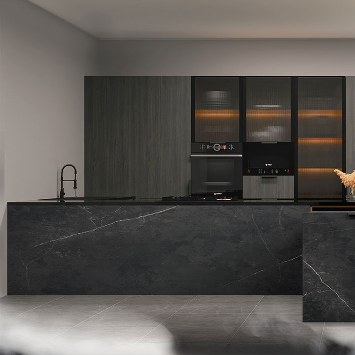 Matte black modern kitchen design featuring sleek cabinetry and integrated appliances for a timeless kitchen look.