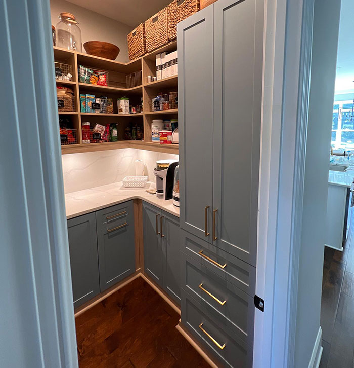 Colorful kitchen pantry with modern cabinetry and open shelving showcasing organized food items and stylish storage solutions.