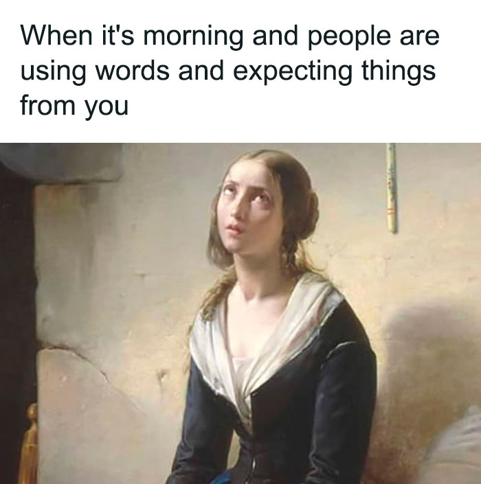 Funny good morning meme of a woman with an exasperated expression, looking upward, with a humorous caption about mornings.