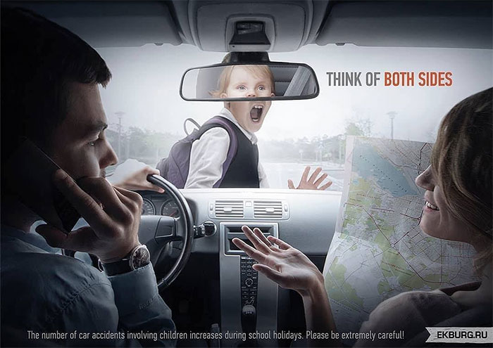 Clever advertisement showing a distracted driver and a child, emphasizing car accident prevention with a creative visual message.