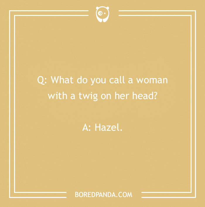 Name joke: "What do you call a woman with a twig on her head? Hazel."