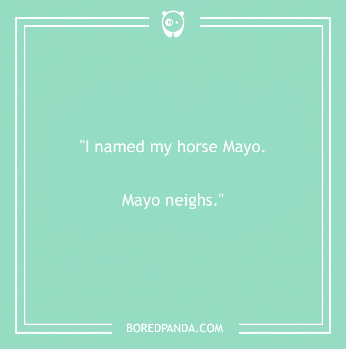 Name jokes on a green background: "I named my horse Mayo. Mayo neighs."
