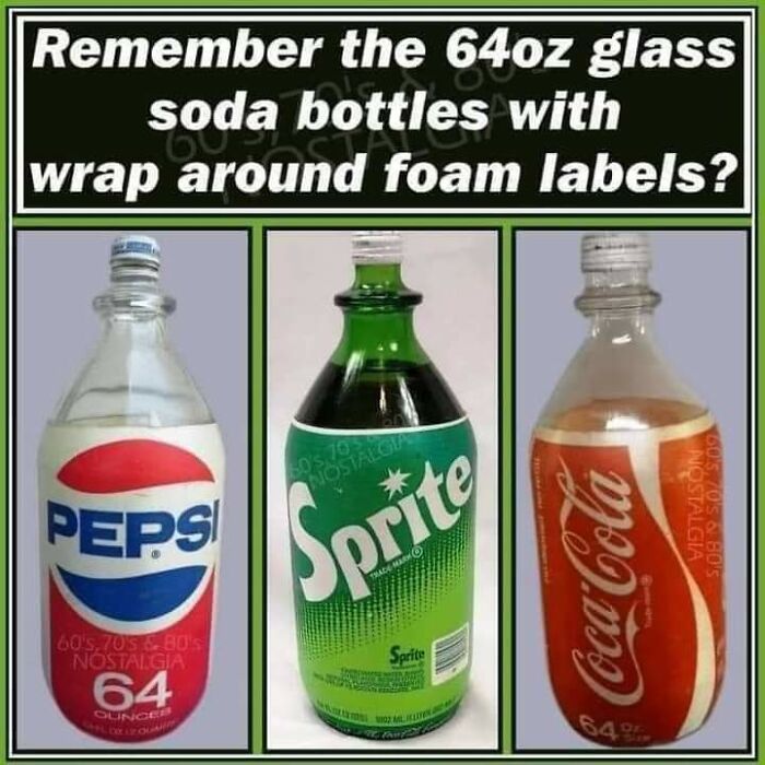 Vintage 64oz glass soda bottles with wrap around foam labels featuring Pepsi, Sprite, and Coca-Cola nostalgia.