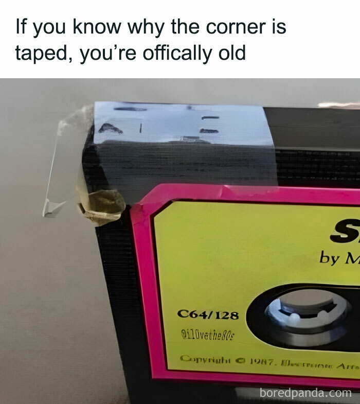Corner of a vintage cassette tape taped to prevent damage, illustrating a painfully funny sign of getting old faster than expected.