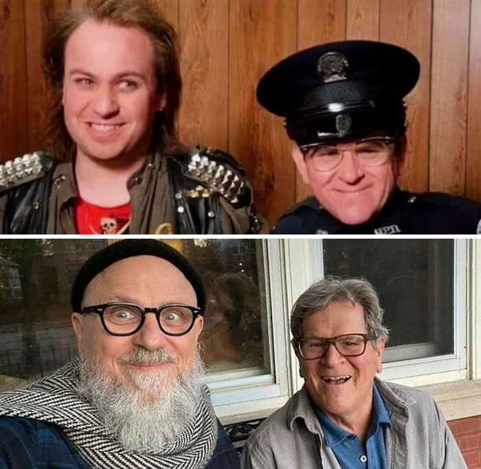 Two men shown in a split image, depicting aging with funny expressions, illustrating people getting old faster than expected.