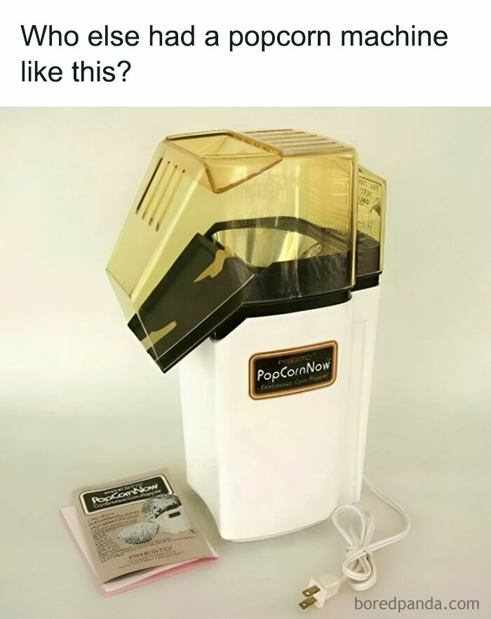 Vintage popcorn machine with an instruction manual, evoking nostalgia and funny moments of getting old faster than expected.