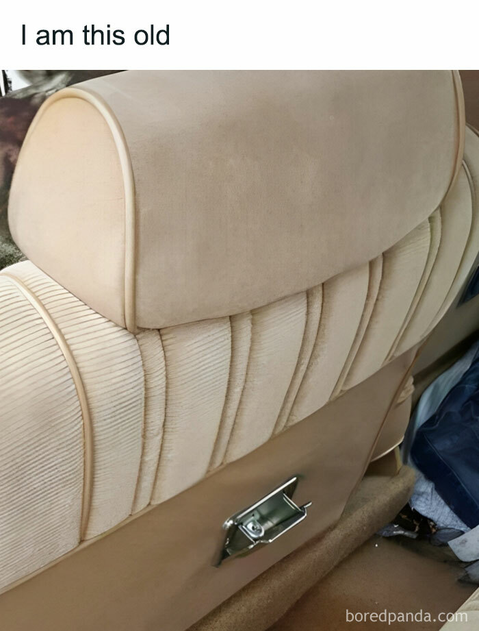 Beige car seat with crushed fabric and text saying I am this old, illustrating people getting old faster than expected.