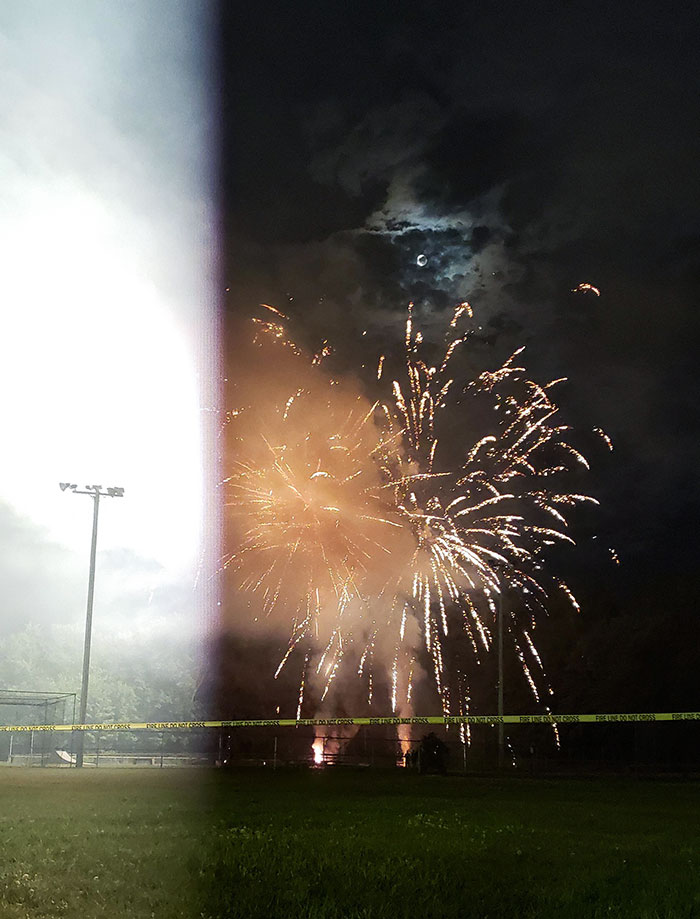 A Picture I Took Partially Through A Firework's Flash. It Looks Like It's Day And Night At The Same Time