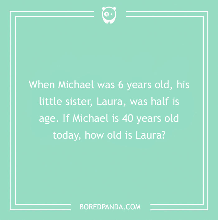 Number riddle asking Michael's age difference with sister Laura on a mint green background.